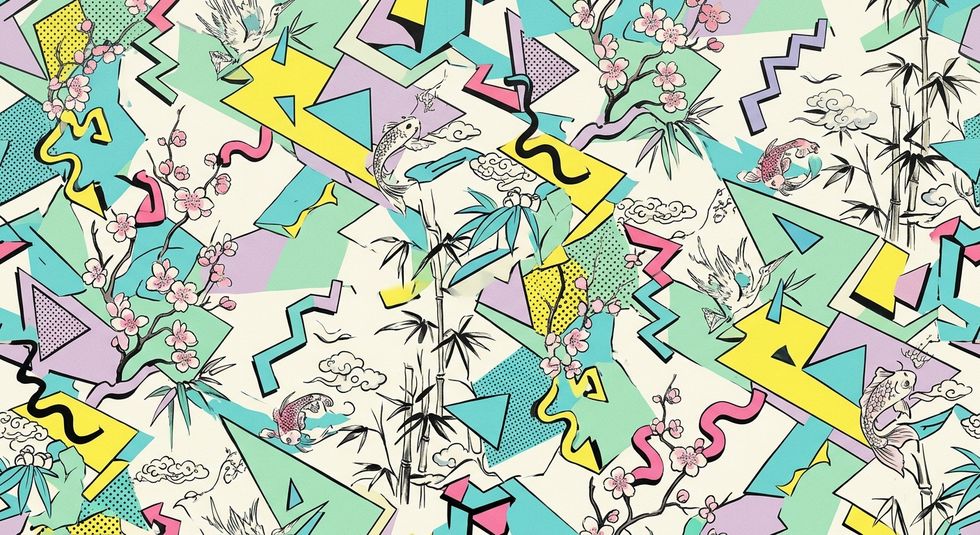Memphis-style collage: flat pastel triangles and zigzags over dense black ink drawings of bamboo, koi and cranes.