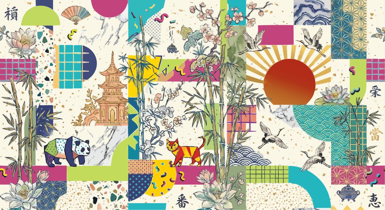 The same collage as CrispSVG vector output, at the same size — the artwork reads as the original.